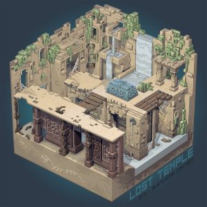 lost voxel temple in ruins